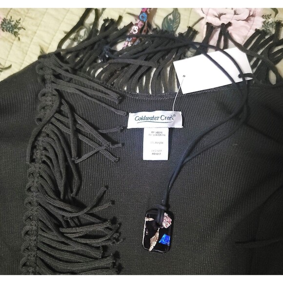 COLDWATER CREEK Fringe Knit Wrap Shawl Sage Green Cape Poncho One Size Brand NEW - Picture 8 of 16